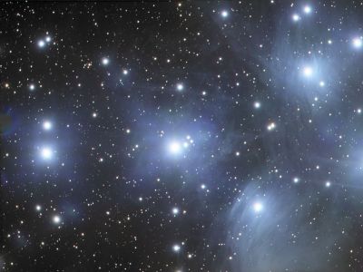 M45 - The Pleiades
A star cluster consisting of young, hot blue stars, about 130 light-years from Earth in the constellation Taurus.  Only part of the cluster is shown here because it is too large to fit in the scope's field of view.
