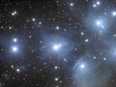 M45 - The Pleiades
A star cluster consisting of young, hot blue stars, about 130 light-years from Earth in the constellation Taurus.  Only part of the cluster is shown here because it is too large to fit in the scope's field of view.
