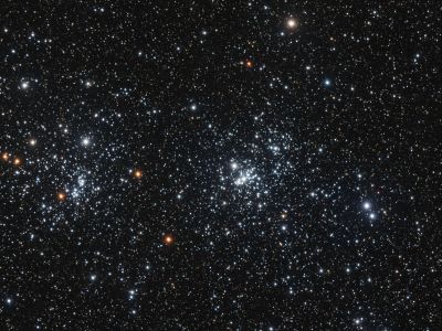 NGC 869 and 884 - The Double Cluster in Perseus
Over 7500 light-years away, these twin open clusters each contain over 300 blue-white supergiant stars; they are about 13 million years old.
