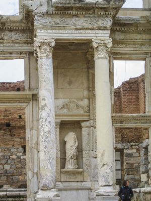 Detail of the Celsus Library
The four sets of columns adjacent to the doors of the library were adorned with statues depicting Wisdom, Knowledge, Intelligence and Fortune.  This one would presumably be Intelligence.
Keywords: Ephesus;Library;Library of Celsus;Turkey;Turkey March 2006