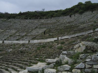 Great Amphitheater at Ephesus
Scene of the Riot of the Silversmiths (New Testament, Acts 19), who threatened to lynch St. Paul for undermining their profitable trade in graven images.  Built in the first century AD; seated up to 25,000.

