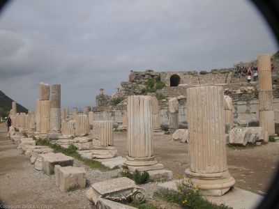 The Market Basilica
Dating from the reign of Augustus (d. 14 AD), this was a 160-meter arcade which hosted both commercial activities and law courts.  It was connected via three gates to the Varius Baths, presumably so people who felt soiled by their dealings with lawyers could quickly duck out to cleanse themselves.
Keywords: Ephesus