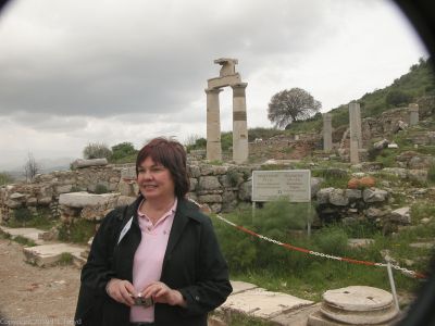 Sandie at the Prytaneion
The Prytaneion held the sacred fire of Hestia, which was supposed to never be extinguished.  To that end it was tended by priests called Curetes, for whom Curetes Street is named.
Keywords: Ephesus