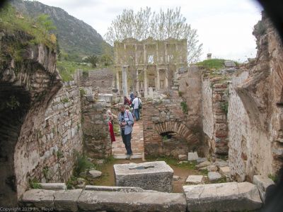 View from the Brothel
Looking toward the Library of Celsus.  The altar in the center was where virgins were brought to sacrifice their maidenheads. (Just kidding - maybe.)
Keywords: Ephesus