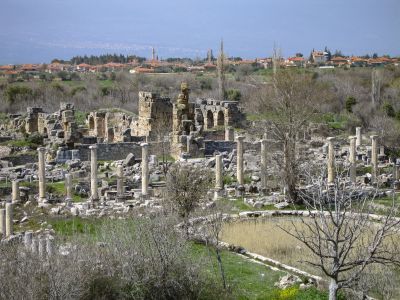 Agora, Sebasteion and Village of Geyre
The village of Geyre, relocated 2 km to the west after excavations began in 1966, is seen in the background.
