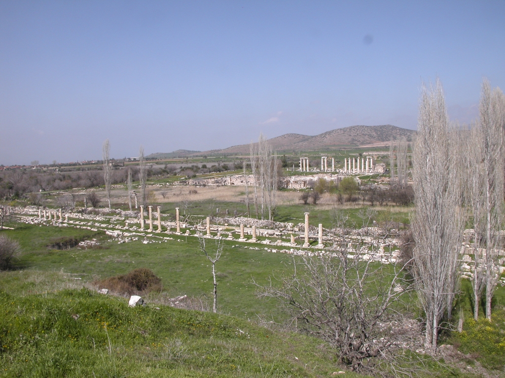 North Agora viewed from the Acropolis
The north agora is a large public square (202 X 72 m), originally enclosed by stoas (porches) on all sides. Parts of the south and east stoas have remained standing since antiquity, and the north stoa was partially uncovered in excavations in the 1960s. Archaeologists believe this was the original center of Hellenistic Aphrodisias.
Keywords: Aphrodisias