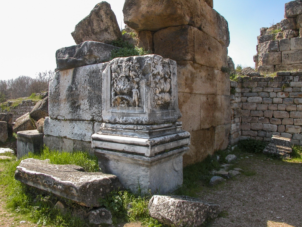 A Corner of the Sebasteion
Part of the building program of Zoilus, this was a temple dedicated to the first Roman Emperor, Augustus - who, of course, also happened to be Zoilus' benefactor.  Sebasteios is the Greek form of the Latin name Augustus.
Keywords: Aphrodisias