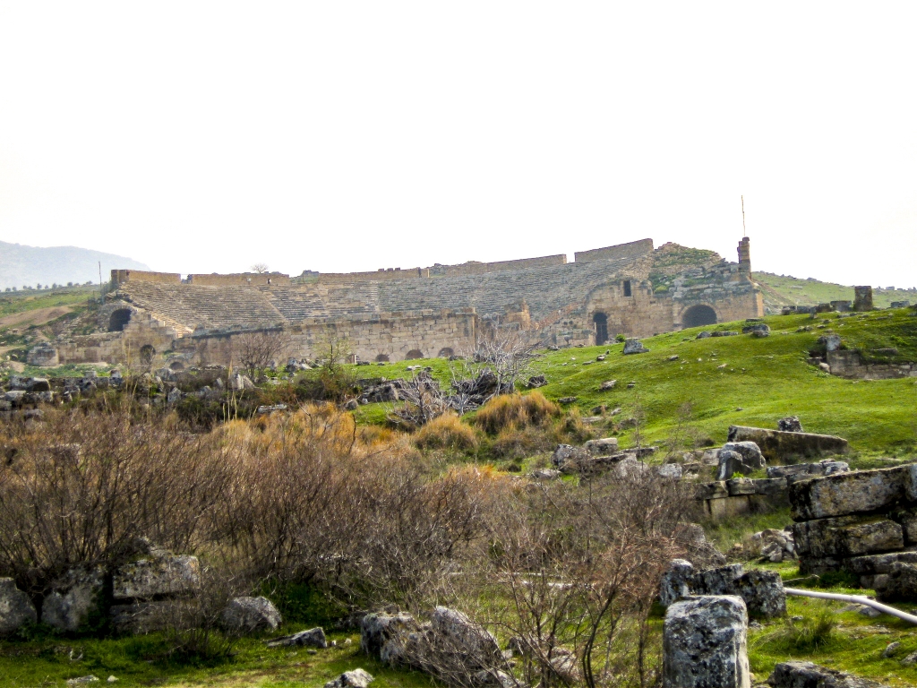 The Theater at Hieropolis
Constructed in the reign of Hadrian (117-138 AD), the Theater seated 15,000 people and was one of the largest and finest in the ancient world.  It was wrecked by an earthquake in the 7th century AD.
