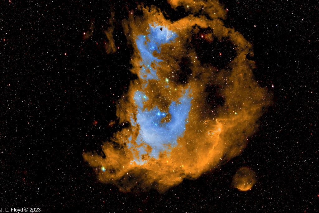 Westerhout 5, The Soul Nebula
Emission nebula in Cassiopeia, 7500 light-years away.  Also known as Sharpless 2-199, LBN 667 and IC 1848, although the last is properly the designation of a star cluster within the nebula.  Eastern neighbor of the Heart Nebula.
