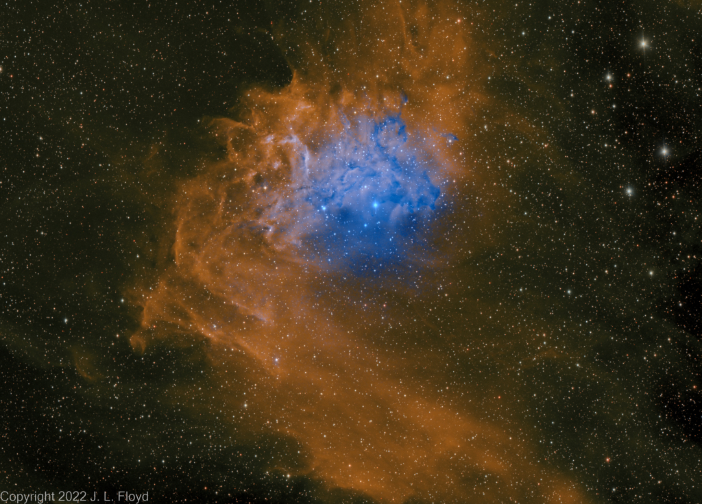 IC405 - The Flaming Star Nebula in Auriga
Narrowband view of an emission and reflection nebula in the constellation Auriga north of the celestial equator, surrounding the bluish, irregular variable star AE Aurigae.  About 1500 light-years away.

