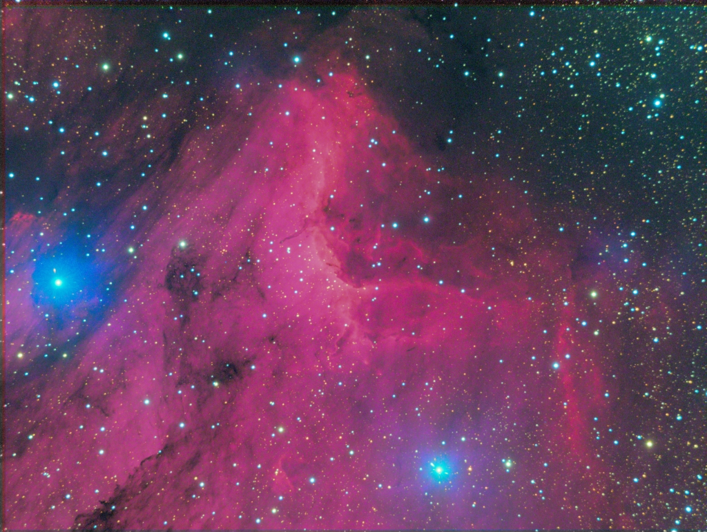 IC 5067 - The Pelican Nebula
An emission nebula (H-II region) in the constellation Cygnus, associated with the North American Nebula (NGC 7000), but visually separated from it by a dark dust cloud.  Supposedly has the shape of a pelican, though not very much in this image.  
