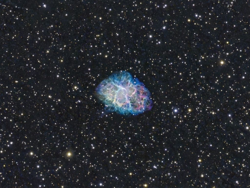 M1 - The Crab Nebula, narrowband version
A Hubble palette rendition of the remnant of the supernova seen by Chinese astronomers in 1054 CE.
