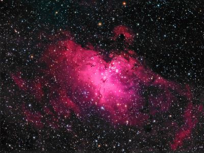 Messier 16 - The Eagle Nebula
An open cluster of stars as well as a diffuse emission nebula.  Source of  the famous "Pillars of Creation" image produced by the Hubble Space Telescope.  About 7000 light-years distant.
