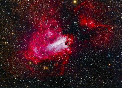 M17 - The Swan Nebula
In the constellation Sagittarius.  Also known as the Omega or Horseshoe Nebula.  A prolific star-forming region, lying 5000-6000 years from Earth.
