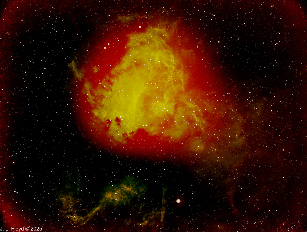 M17, the Swan Nebula (nasrrowband)
Also known as Omega. Checkmark, Lobster and Horseshoe Nebula. 5,000 to 6,000 light-years away and 15 light-years across. Prolific star-forming region.
