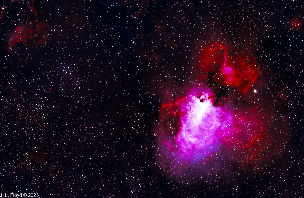 M18 and M17 together
Two Messier objects - M18, a sparse open cluster, at left, 4230 light-years away,; and M17, the Swan or Omega Nebula, at right, 5 to 6 thousand light-years distant, both in Sagittarius.
