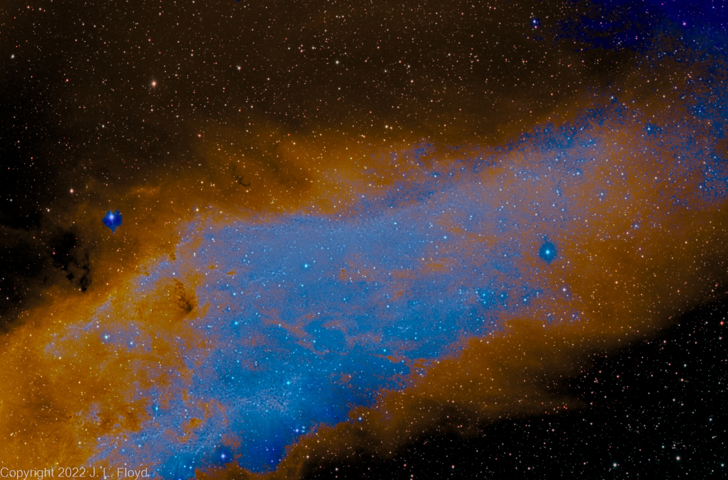NGC1499 - The California Nebula, narrowband  version 
A more conventional narrowband rendition of the California Nebula, mapping H-alpha to gold and O-III to blue
