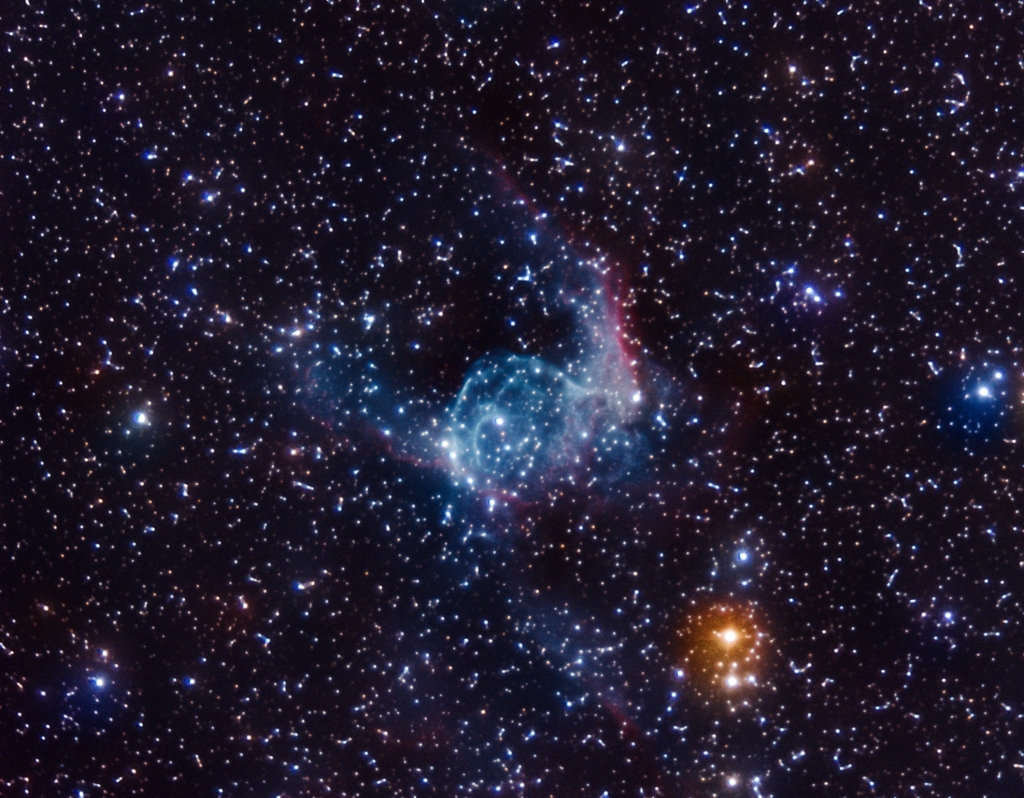 NGC 2359 - Thor's Helmet
An emission nebula in the constellation Canis Major; about 12,000 light-years away.  Consists largely of interstellar gas swept up by the central star, and partly of material from the star itself, which is an extremely hot, massive Wolf-Rayet star in a short-lived pre-supernova stage.  
