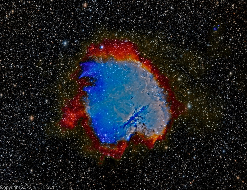 NGC281 - PacMan Nebula, narrowband version
A narrowband version of the PacMan, obtained with a one-shot color CMOS camera and an IDAS NBZ nebula enhancement filter, with H-alpha mapped to red and O-III to blue.
