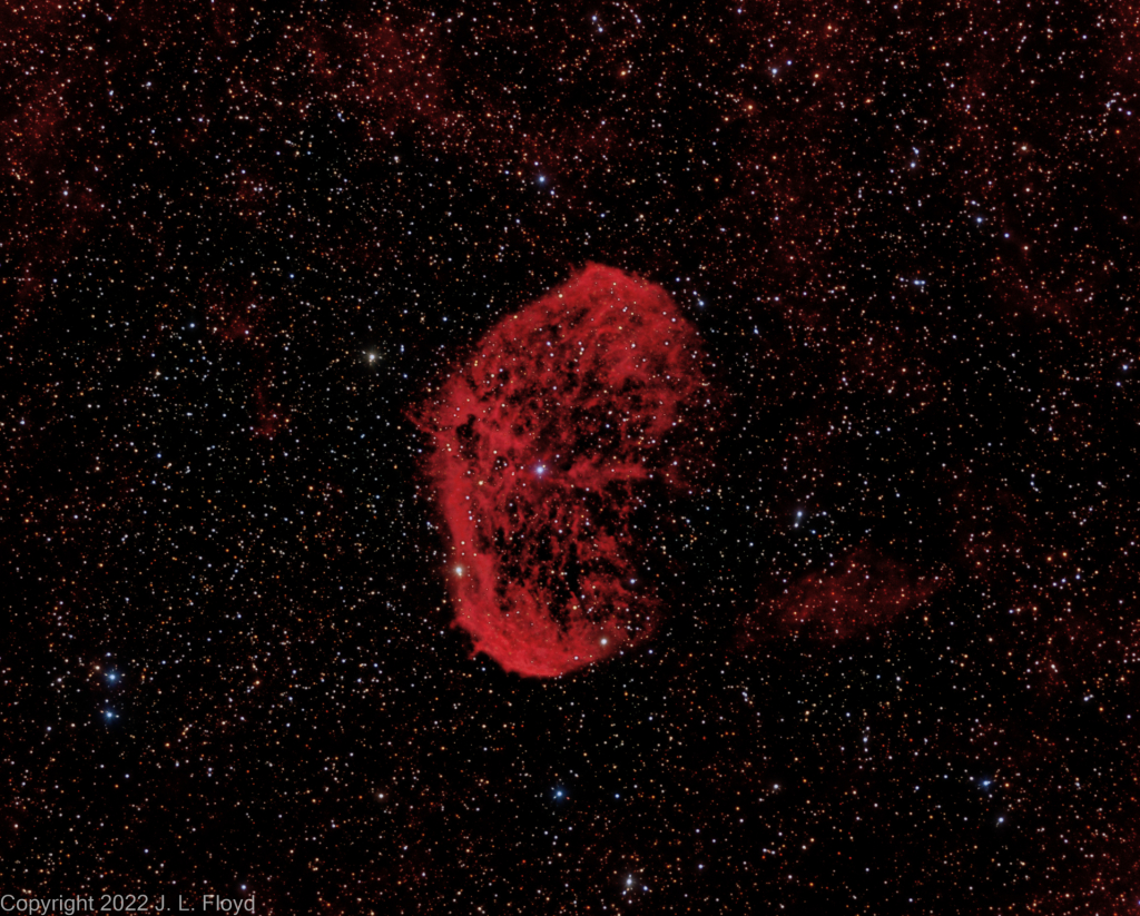NGC 6888 - The Crescent Nebula
An emission nebula in the constellation Cygnus, about 5000 light-years away from Earth; formed by the fast stellar wind from the Wolf-Rayet star WR 136 colliding with and energizing slower-moving matter ejected by the star when it became a red giant around 250,000 to 400,000 years ago.
