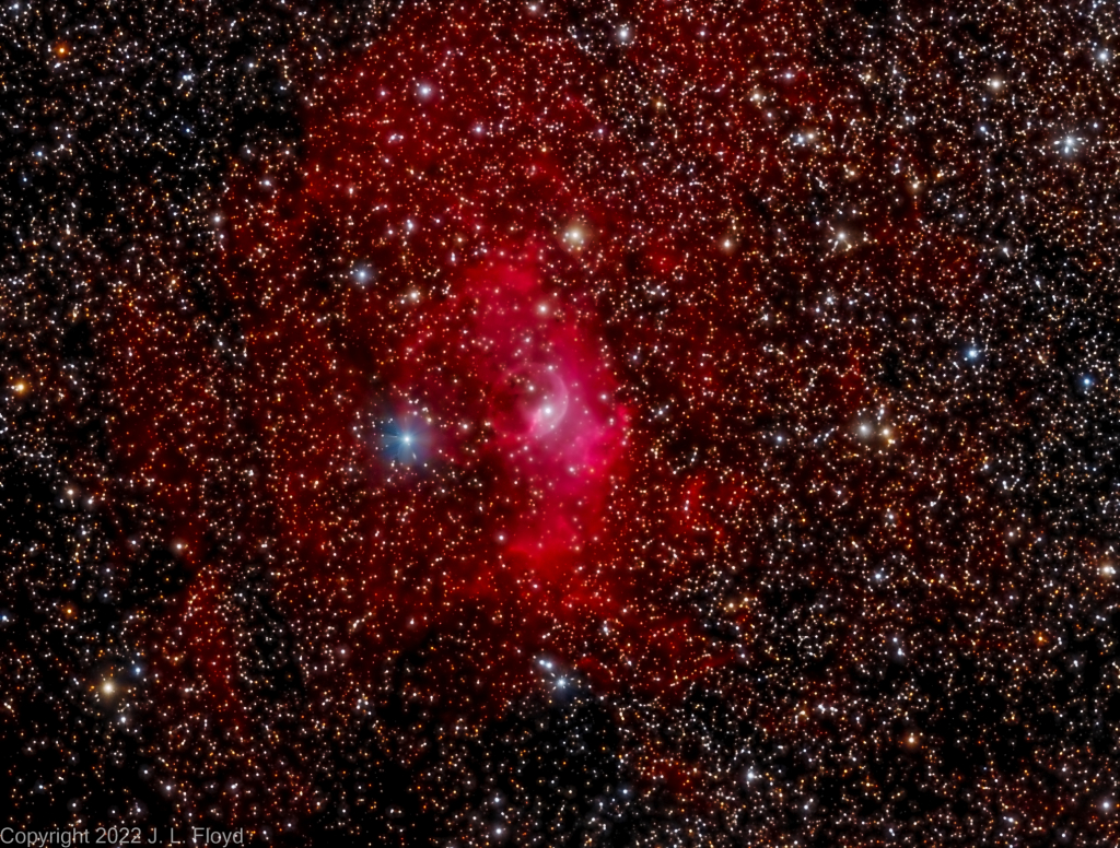 NGC7635 - The Bubble Nebula - H-alpha enhanced version
An emission nebula in the constellation Cassiopeia.  The "bubble" is created by the stellar wind from a hot, massive star within a molecular cloud which contains the expansion of the bubble, preventing it from dissipating, and is also itself excited by the star.  The nebula is 7 light years across and 7100 light-years away.
