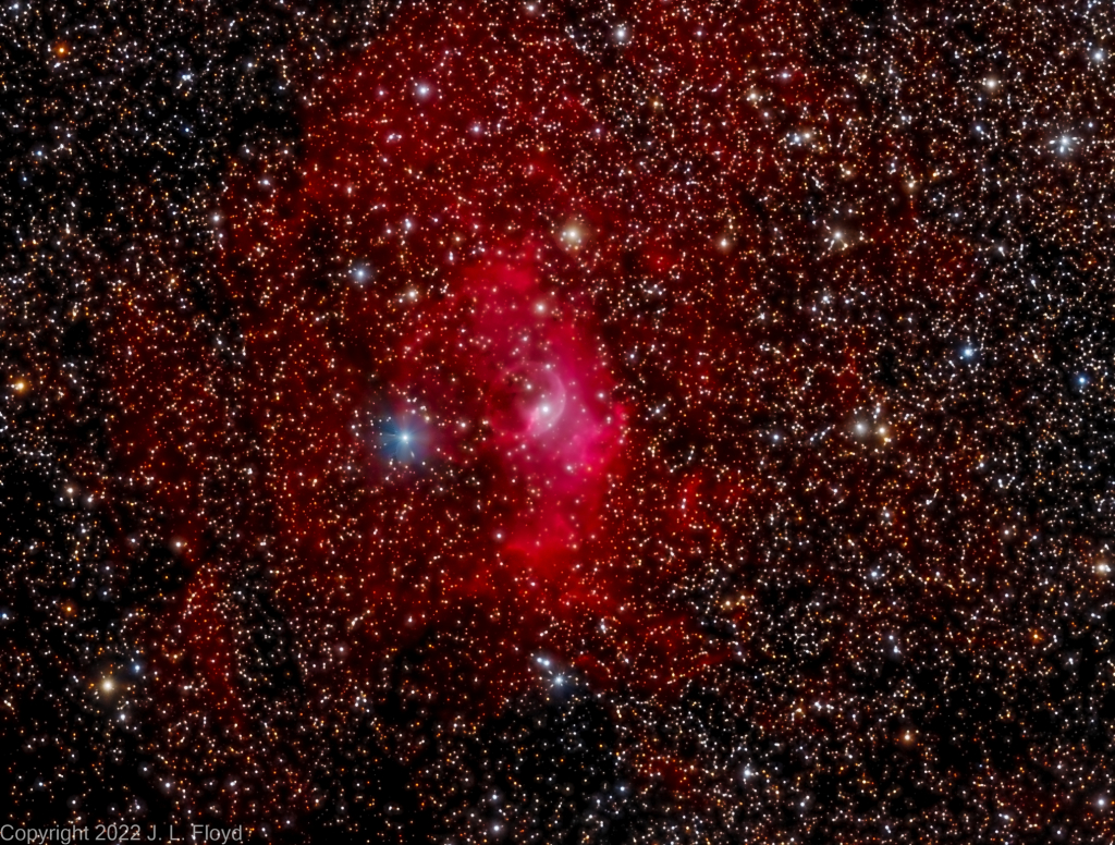 NGC7635 - The Bubble Nebula - H-alpha enhanced version
An emission nebula in the constellation Cassiopeia.  The "bubble" is created by the stellar wind from a hot, massive star within a molecular cloud which contains the expansion of the bubble, preventing it from dissipating, and is also itself excited by the star.  The nebula is 7 light years across and 7100 light-years away.
