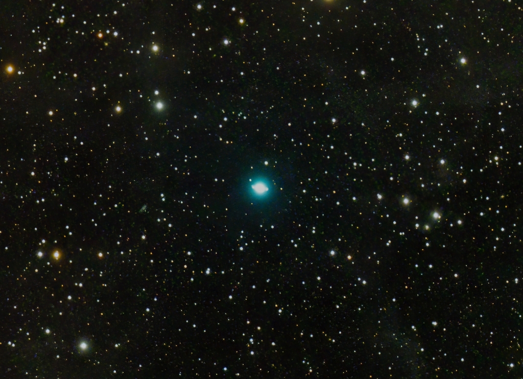 NGC 7009 - The Saturn Nebula
A planetary nebula in the constellation Aquarius, at a distance of about 5000 light-years, with a superficial resemblance to the planet Saturn.  This image does not do it justice, because a much larger telescope is required to resolve the complex internal structure of the nebula.
