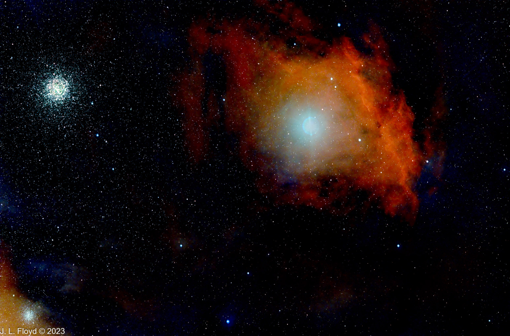 Sharpless 9 - Emission nebula in Scorpius
There is also an area of reflection nebula (blue) around the star Sigma Scorpii, but the processing of this version doesn't reveal it very well.  The globular cluster M4 is also in the field of view.
