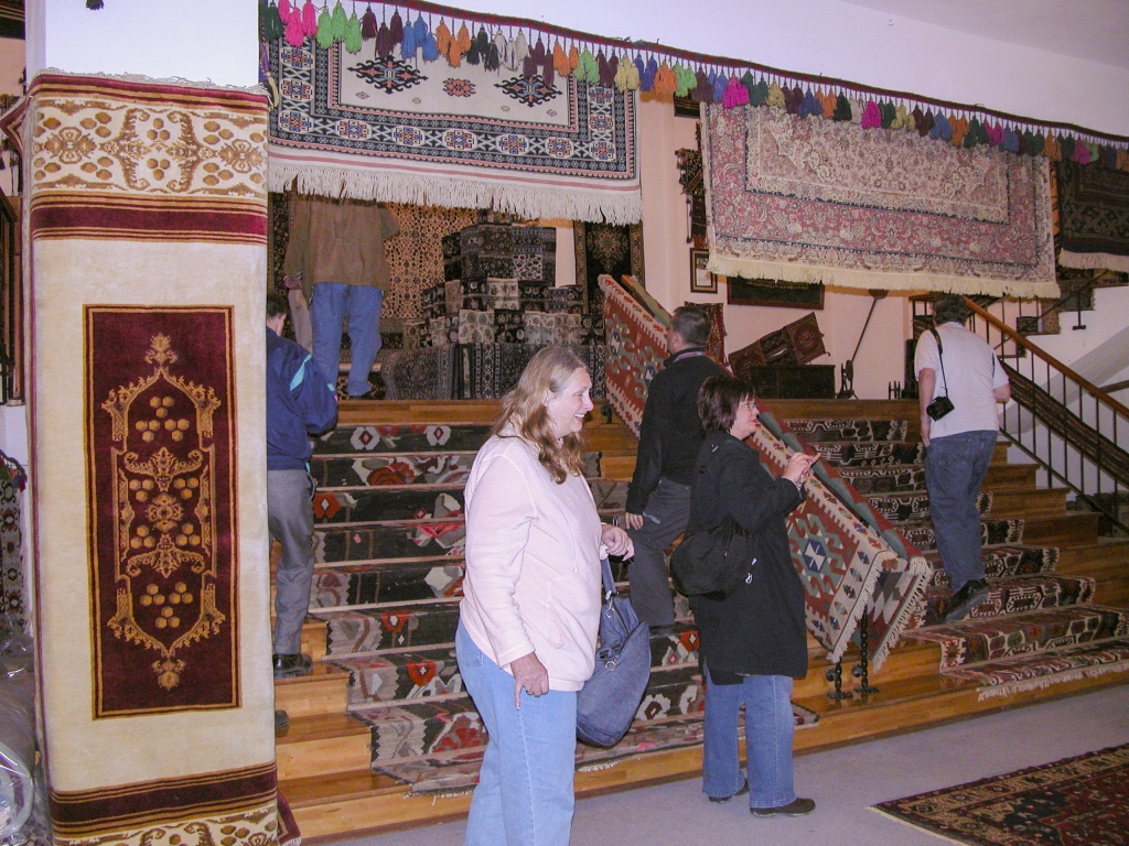 Carpets Galore
Cherie and Sandie marvel at the profusion of rugs in the lobby.
