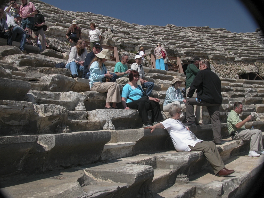 Rest Stop
Members of our tour group relax on the steps of the Theater and listen to Attila hold forth about the sights and history of Side.
