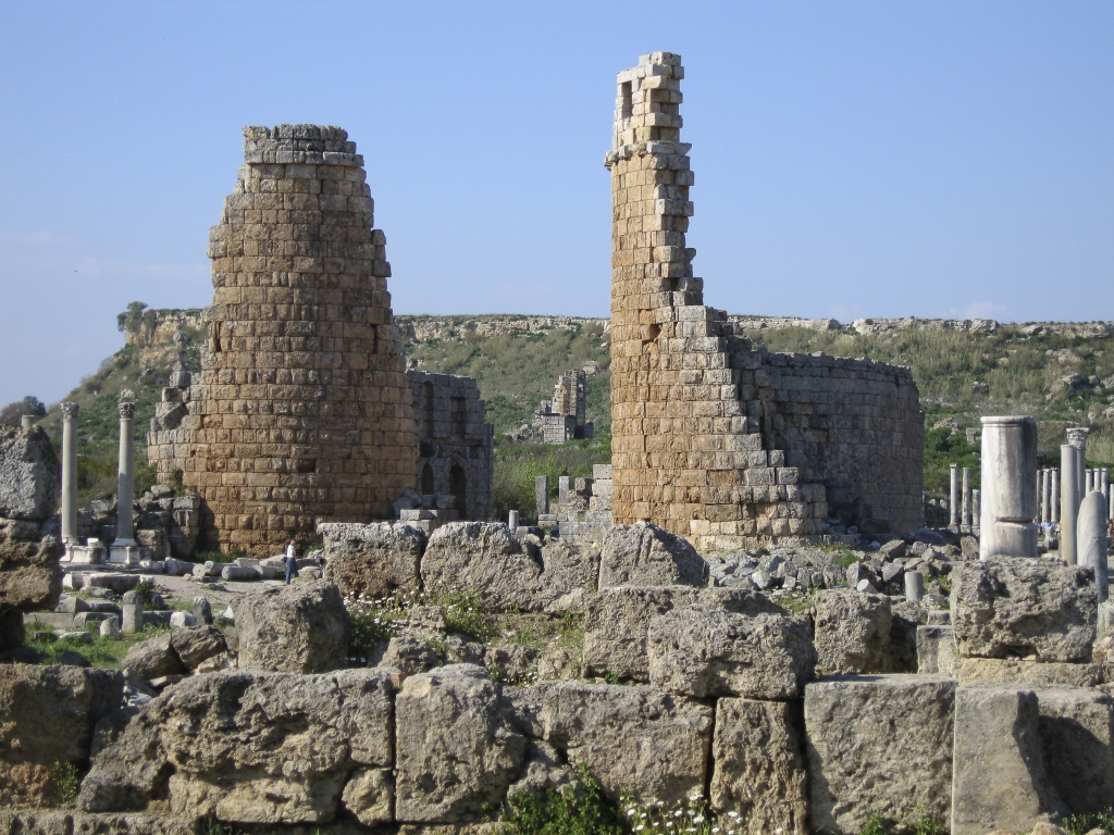 Gate and Acropolis
In the background, behind the Hellenistic Gate, looms the Acropolis of Perge.  Reportedly most of the remains there date from the Byzantine period.
