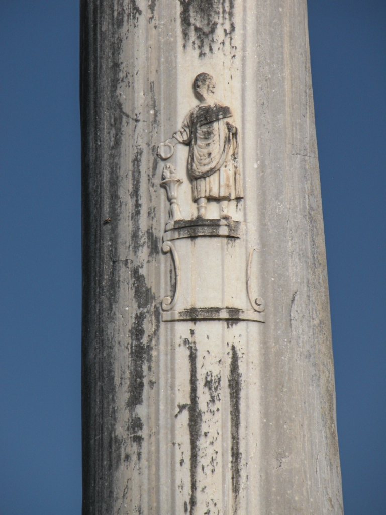 Column, View near Base
It took three shots to capture this column in adequate detail.  This is the section nearest the base.  I don't know the identity of the figure depicted here; my guess is that it's a public official performing a sacrifice to Artemis.
