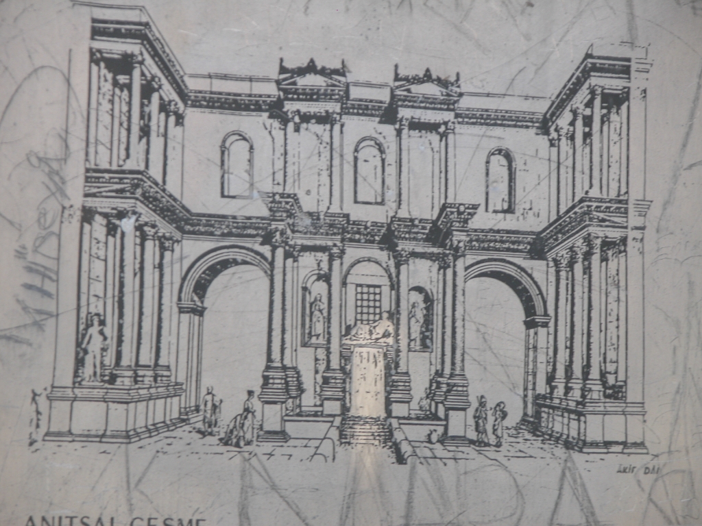 The Original
How the Nymphaeum was supposed to look, and did look, when it was built.  Note how the water from hillside springs flowed down the steps underneath the statue of Kestros and into the canal leading to the city gates.
