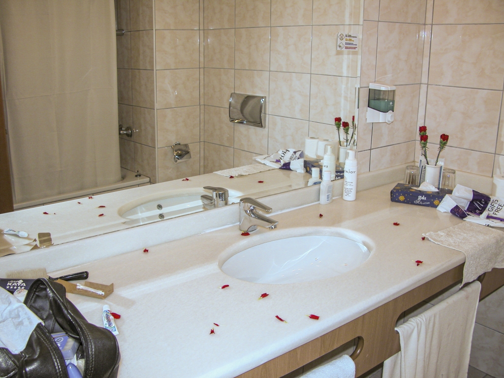 Reflections of Opulence
Another take on the tastefully decorated and sparkling-clean bathroom facilities.
