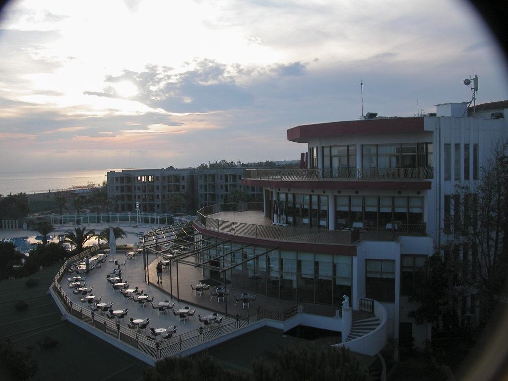Kaya Side Hotel at Sunset
The central section of the hotel, with the dining area where we were about to enjoy our evening feast, as seen from our room in one of the wings of this enormous hotel.
