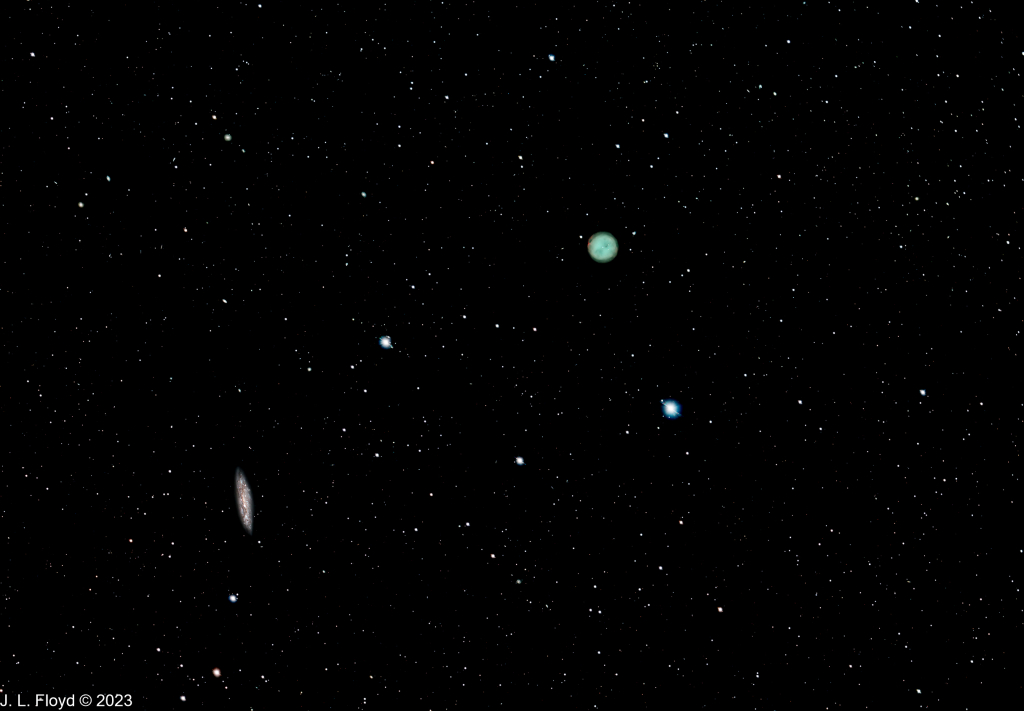 M108 and M97 in one frame
Barred spiral galaxy M108, nicknamed the Surfboard Galaxy, about 28 million light years away; and planetary nebula M97, the Owl Nebula, 2030 light-years away, both in Ursa Major.
