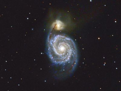 M51- The Whirlpool Galaxy
There are actually two interacting galaxies here; the smaller companion is NGC 5195, and the two have collided in the past, causing all kinds of woe and grief. They are about 25 million light years away.

