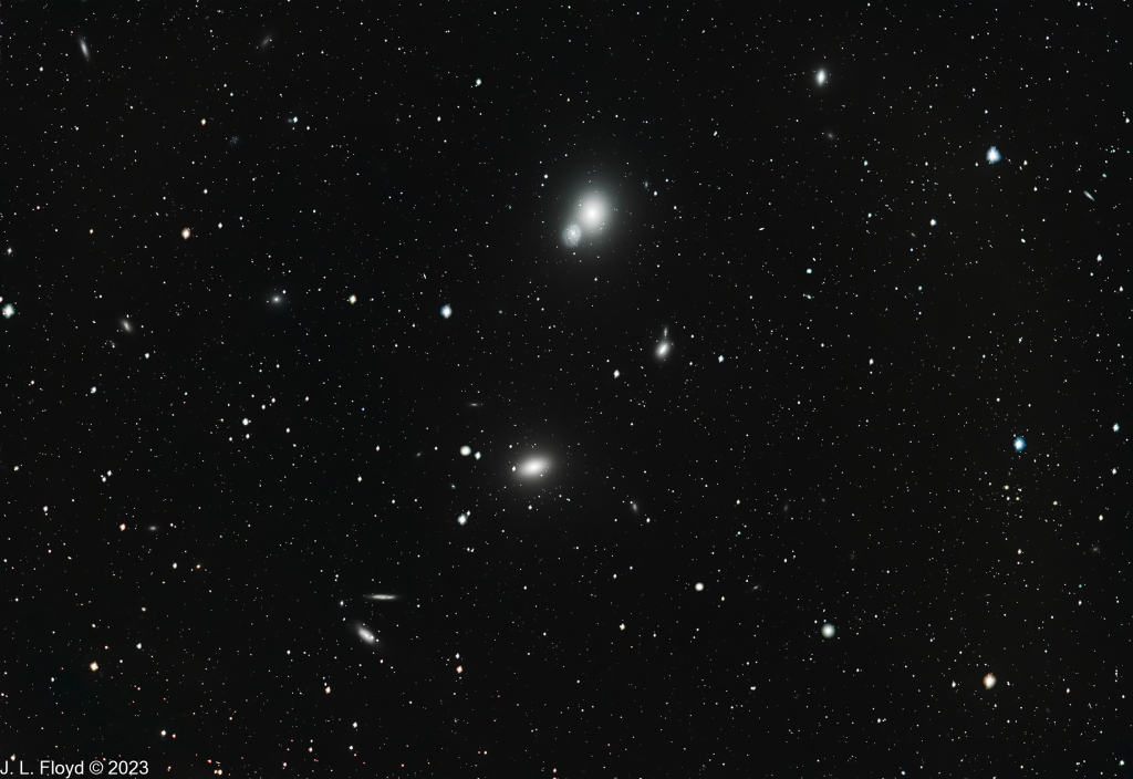 Messier 59, Messier 60 and friends
M59 is the eilliptical galaxy in the center of the frame; above it is the elliptical galaxy M60 with nearby spiral galaxy NGC 4647. Numerous other galaxies are also in the picture, including spirals NGC4606 and NGC4607 in the bottom left quadrant.
