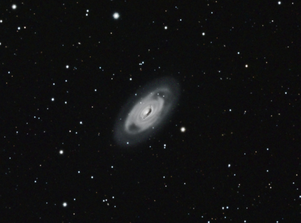 M64 - the Black-eye Galaxy
A relatively isolated spiral galaxy 17 million light-years away in the northern constellation Coma Berenices.  A dark band of absorbing dust partially in front of its bright nucleus inspires its "Black Eye" nickname.
