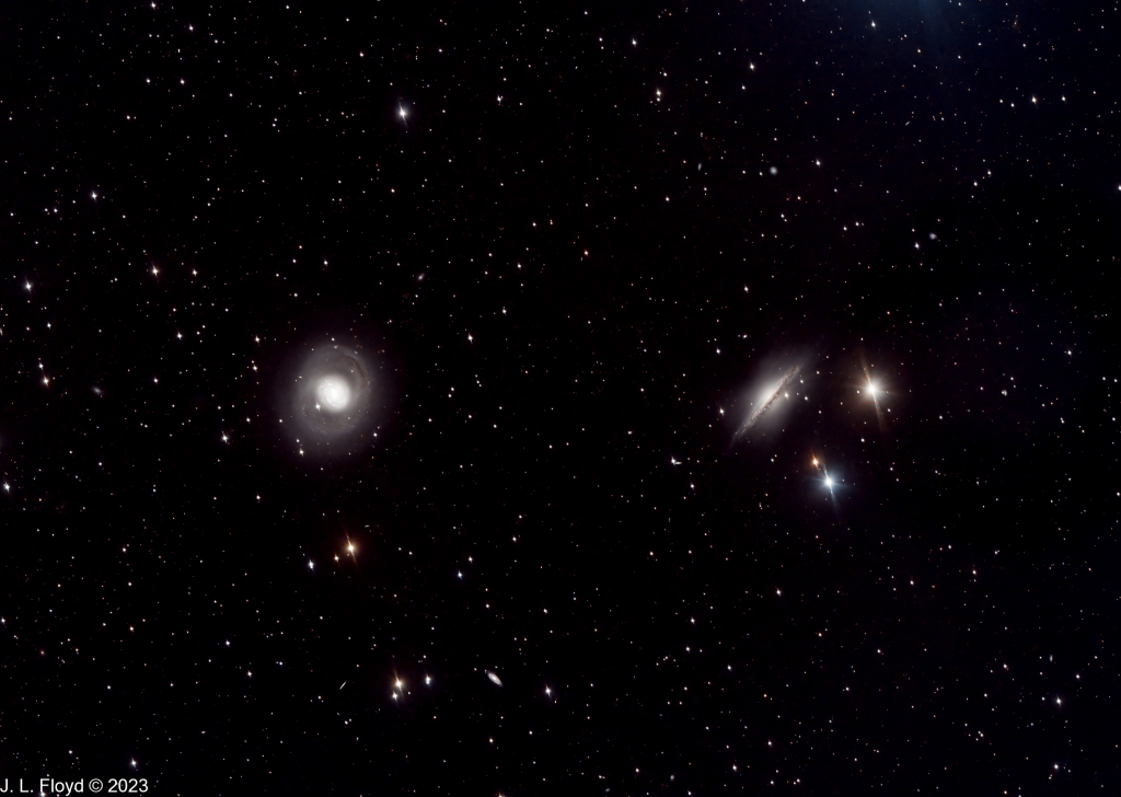 M77 and Friends
Barred spiral galaxy in Cetus (left side of picture), about 47 million light-years from Earth.  A Type 2 Seyfert galaxy with an active nucleus. The spiral galaxy at right is NGC 1055.  The spiral galaxy NGC1072 is also seen as a tiny oval near the bottom center of the frame.
