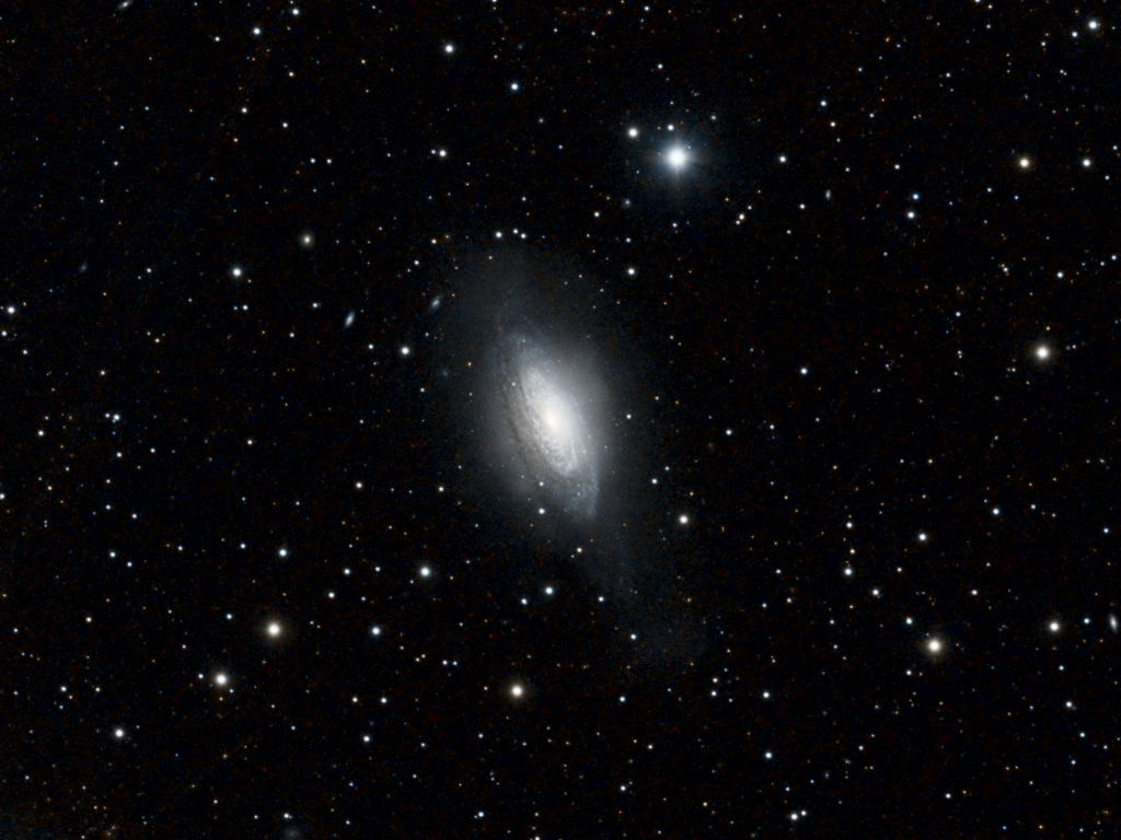 NGC 3521, "flocculent" spiral galaxy in Leo
NGC 3521 is termed a "flocculent" spiral galaxy because it has patches or clumps of stars breaking up the continuity of the spiral arms.  Self-propagating star formation is thought to account for the patchiness.  The galaxy lies about 26 million light-years away from us.
