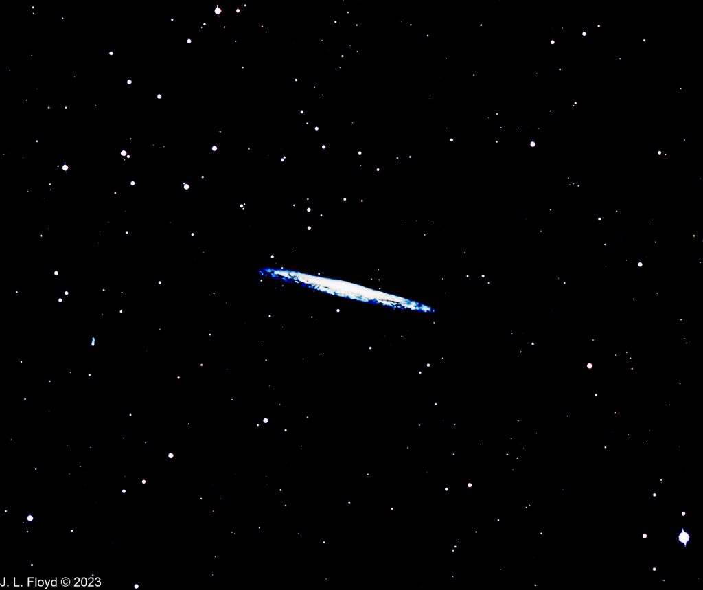 NGC 5907 - The Splinter Galaxy
Also known as the Knife Edge Galaxy.  About 50 million light-years from Earth.  Located in the constellation Draco.
