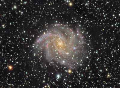 NGC 6946 - The Fireworks Galaxy
A face-on spiral galaxy in the constellation Cepheus, near its border with Cygnus, about 1/3 to 1/2 as big as the Milky Way, but with a high rate of star formation, making it a spectacular starburst galaxy.  About 25 million light-years from Earth and 40,000 light-years in diameter.
