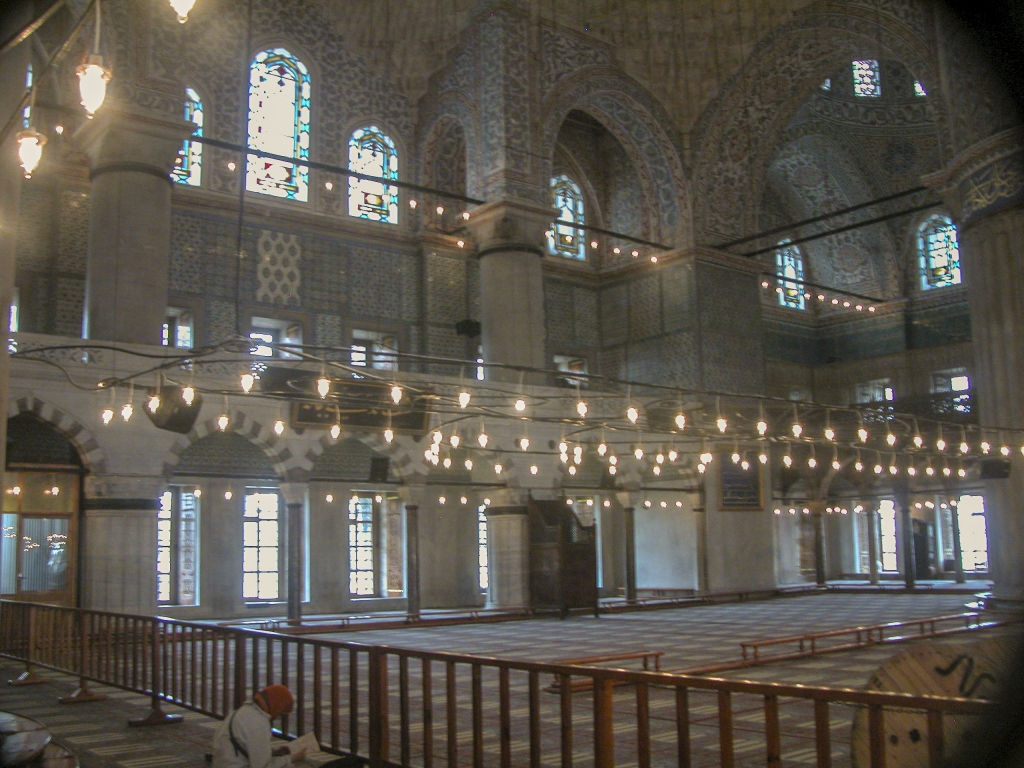 Tiles
The interior of the Blue Mosque is lined with over ceramic 20,000 tiles.  These were made in Iznik, the former Nicaea, which was a major center for the production of fine tiles.

