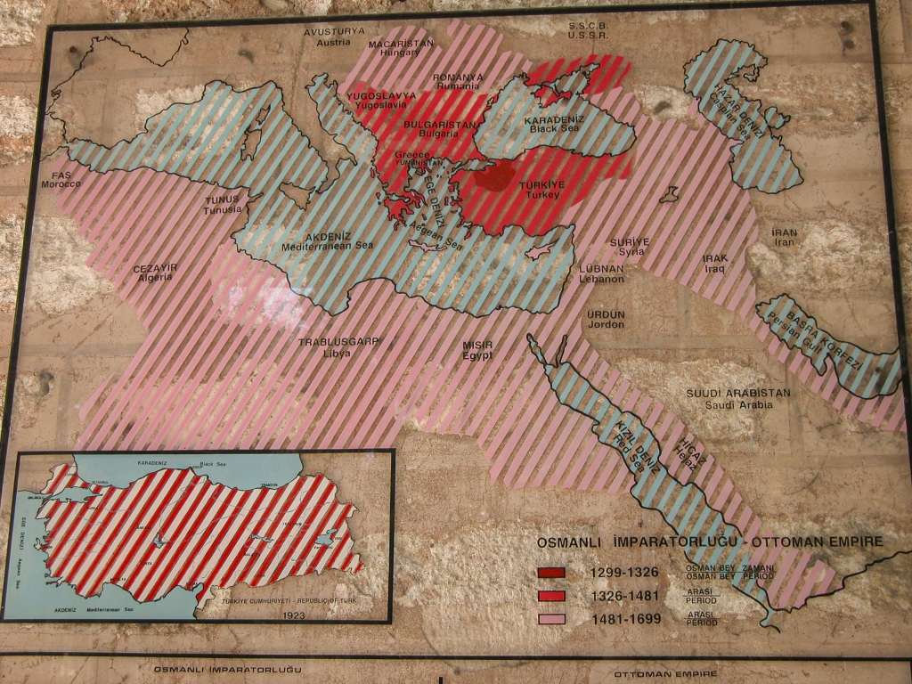 Map of the Ottoman Empire
Shows how the Empire expanded from its early days, when it occupied just a small area of Anatolia and the Balkans, through the 17th century, when it reached its greatest extent.  Note that in Turkish the name is "Osmanli," after Osman, the founder; "Ottoman" is a Western corruption.
