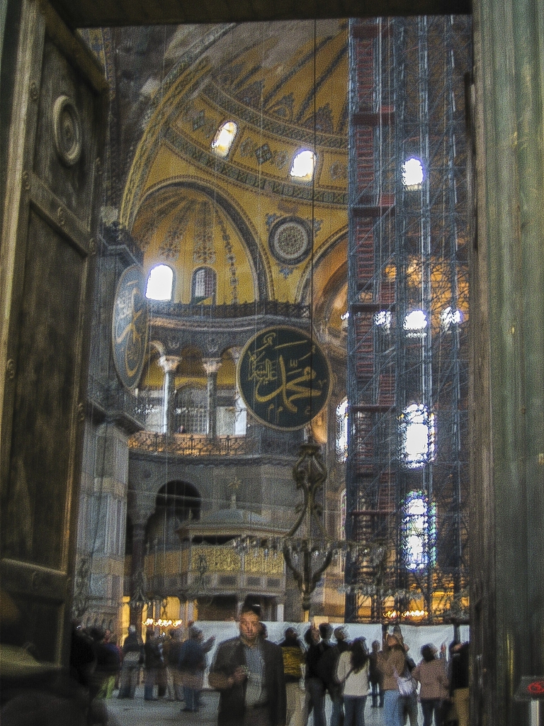 View from the Narthex
Looking into the interior of the church through one of the doors in the narthex.  The scaffolding seen on the right in this picture enabled workers to climb to the dome to perform repair work.
