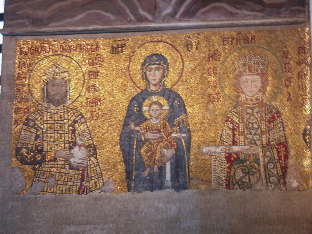 The Comnenus Mosaic
Dates from 1122.  The Virgin Mary is in the center, holding the Christ child; on the left is Emperor John Comnenus; on the right is Empress Irene, a daughter of King Ladislas I of Hungary.
