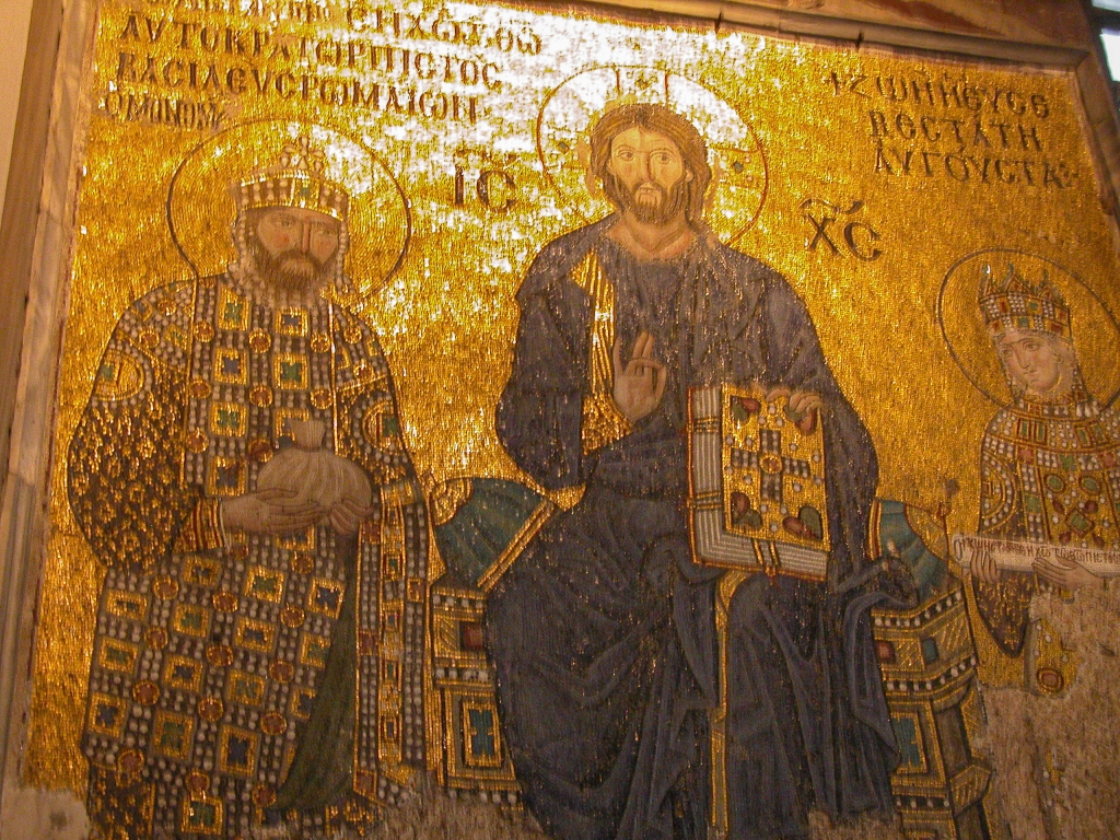Empress Zoe mosaic
Christ is seated in the middle holding a Bible; on the left is Emperor Constantine IX Monomachus, and on the right, Empress Zoe.  Dates from the 11th century AD.  Located on the eastern wall of the southern gallery.
