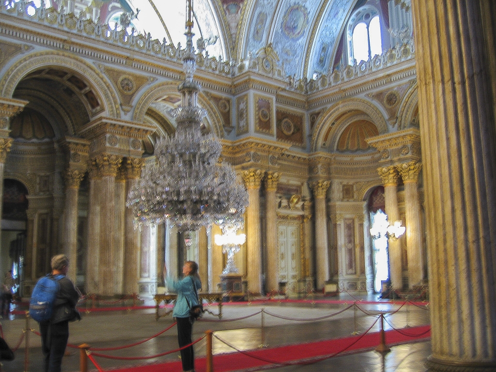 Ceremonial Hall (Muayede Salonu)
David and Kathy Lindquist contemplate the 22,000 square foot hall with its high dome and famous chandelier.  This space is the culmination of the Selamlik and separates it from the harem.
