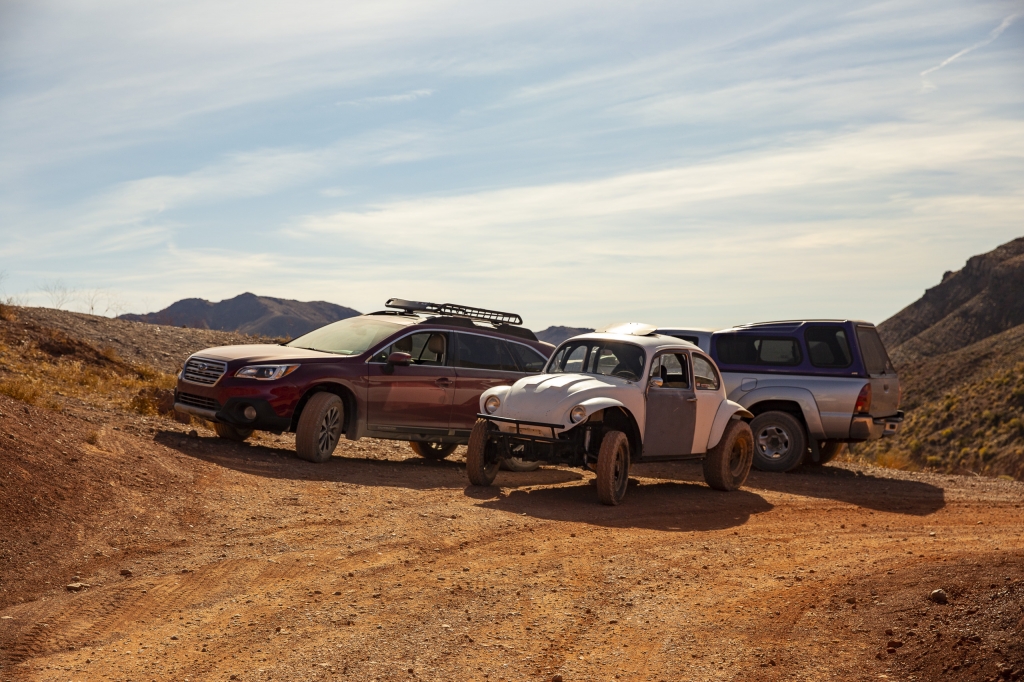 Expedition Vehicles
Left to right:  Red Sonja (Sandie's Subaru Outback), Mike's Baja Bug and JoAnn's Toyota Tacoma.  Of the three, only the Outback has 4-wheel drive; the others are 2-wheel drive, but all are equally at home in Titus Canyon.
